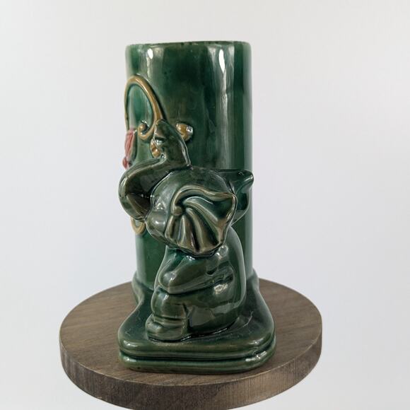 Lucky Elephant Bamboo Planter Pot Vase Vintage 6" Green Ceramic Handmade Vessel - Picture 2 of 16